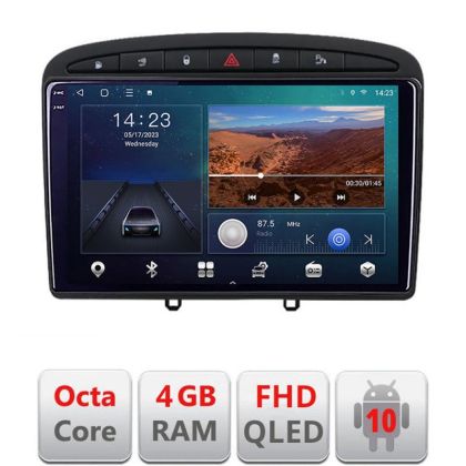 Navigatie Peugeot 308 Quad Core B-038 Android Ecran QLED octa core 4+64 carplay android auto KIT-038+EDT-E309V3